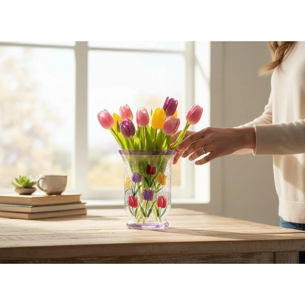 Bachman's‎ Tulip Crackle Glass Hurricane Vase Purple Yellow Red Brand New Floral